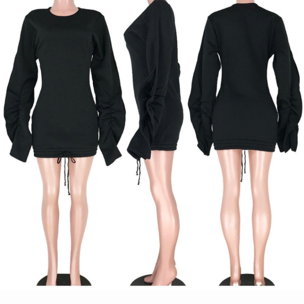 Ruffle Puff Sleeve Drawstring Sweatshirt Dress